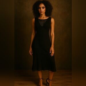 Elegant Black Sleeveless Dress. Lace Detail In Neckline. Size 8. Flowy Fabric